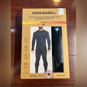 2-Piece Set Eddie Bauer Midweight Base Layer Crew / Pant Set Men Black Large New